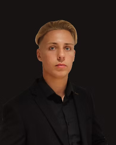 Portrait headshot of a person wearing a black shirt against a dark background