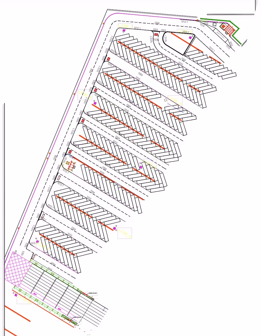 CAD site plan drawing showing a parking bay layout with hatched bays and dimension lines