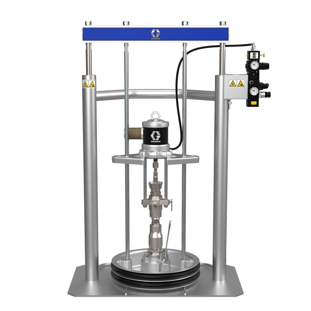 A Graco pump unit mounted on a drum ram, used to dispense one part cold applied sealant